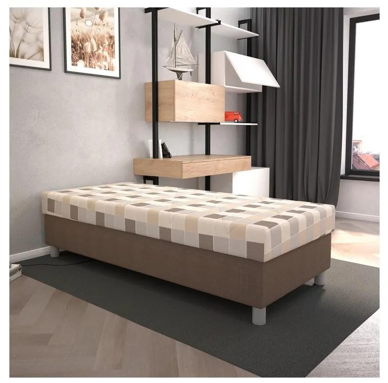 Tapicerowane łóżko z pojemnikiem na pościel i materacem GEORGE 90x200 cm brązowe