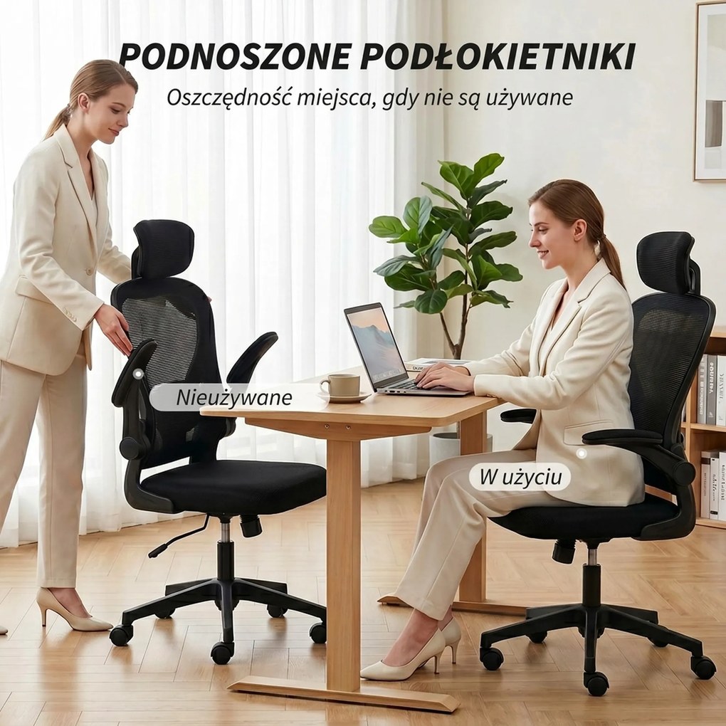 HOMCOM Fotel biurowy ergonomiczny z regulacją podłokietników i wsparciem lędźwiowym fotel do pracy czarny | Aosom PL