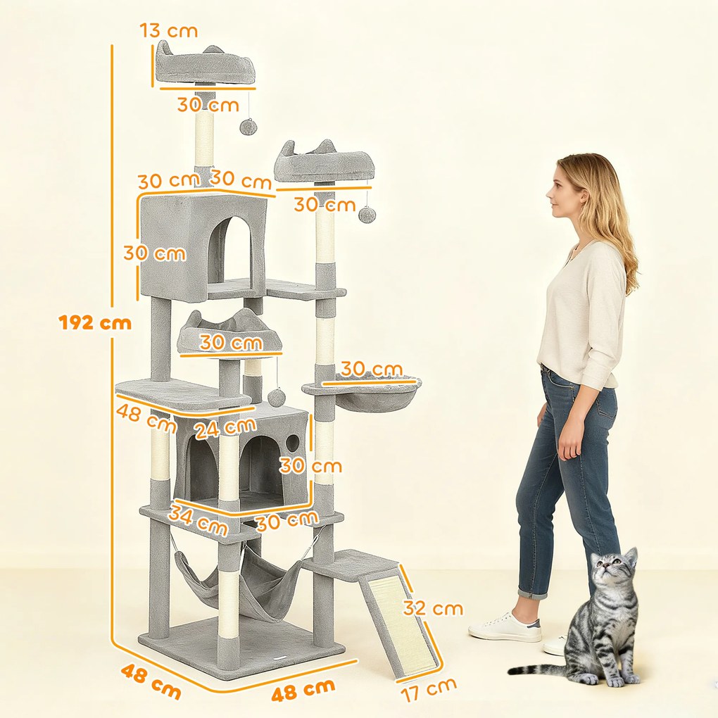 PawHut Drapak 192 cm wieża dla kota z kryjówką, słupy sizalowe, duża platforma, hamaki, rampa dla 2-3 kotów do 5 kg | Aosom PL