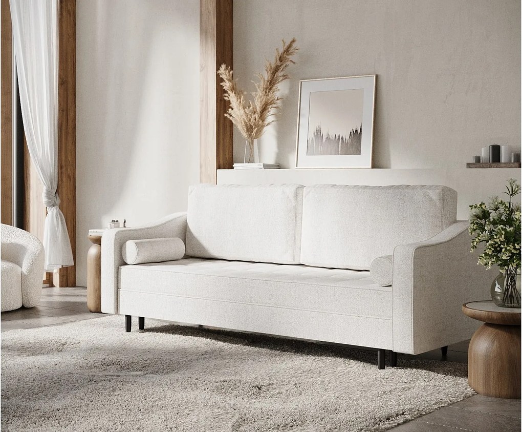 Sofa rozkładana Zyia - tkanina pleciona - trzyosobowa - kremowy