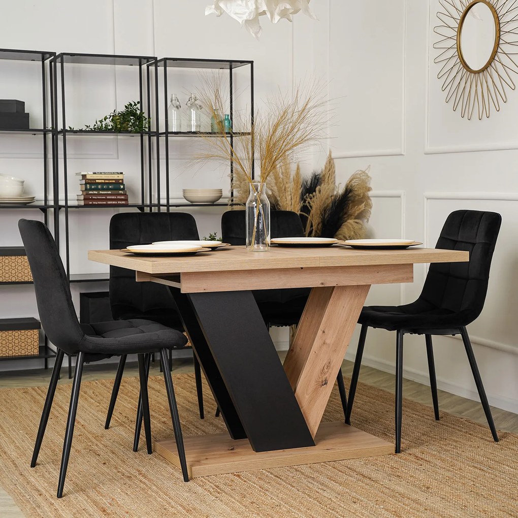 Zestaw Stół Prostokątny Rozkładany CLARK 120-160 cm Dąb Artisan/Czarny i 4 Krzesła Tapicerowane do Jadalni PERU Czarne Welurowe
