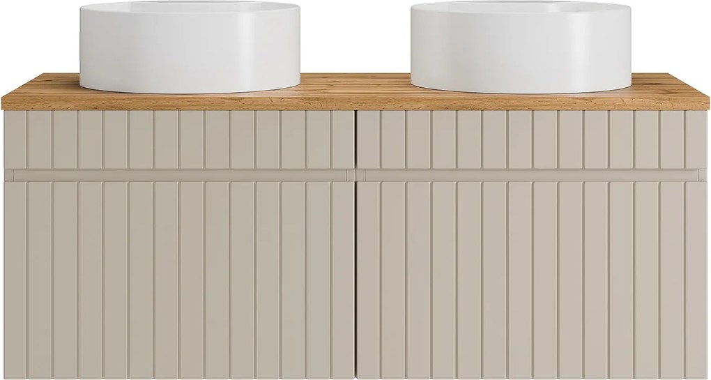 Wisząca szafka łazienkowa prążkowana beżowa z okrągłą umywalką nablatową - 120 cm - SATARA