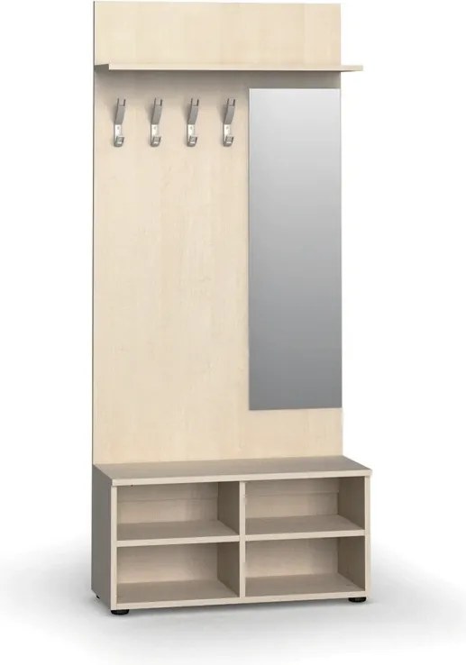 Garderoba z szafką na buty i lustrem PRIMO WOOD, 4 haczyki, półka, tekstura drewna pionowa, brzoza
