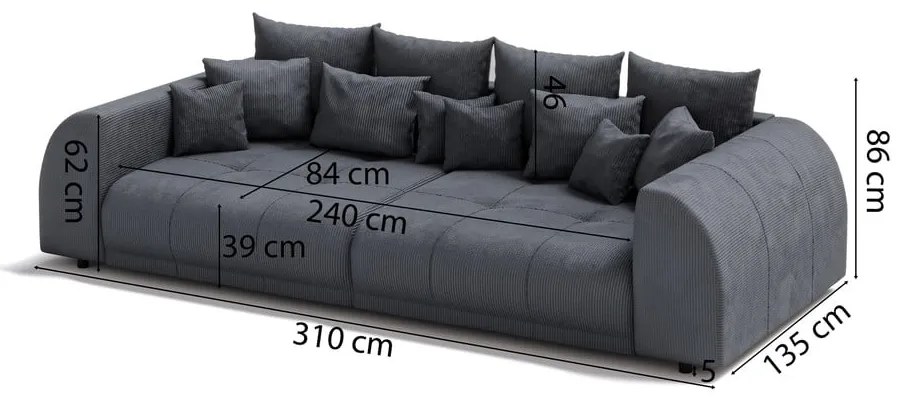 Ciemnoszara sztruksowa rozkładana sofa 310 cm Vanessa – Ropez