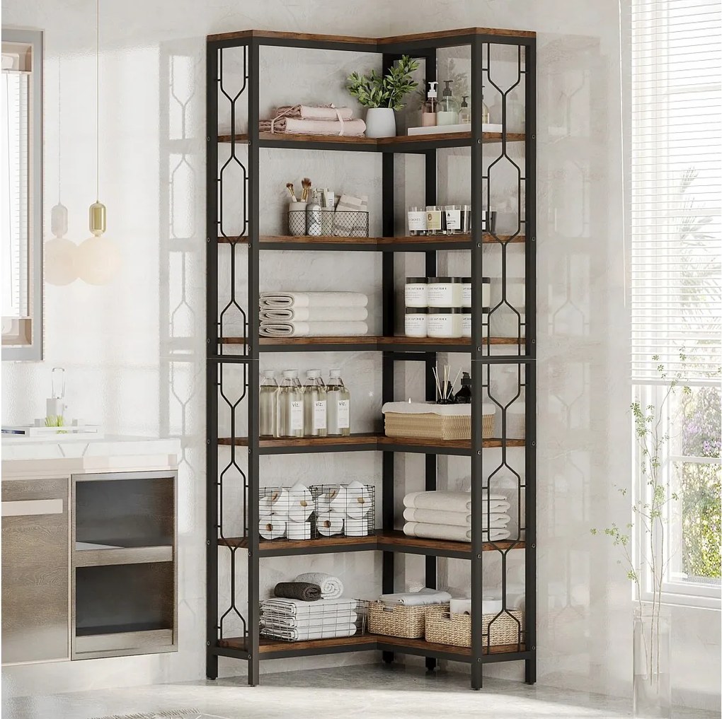 Narożny regał na książki, 7-poziomowy regał industrialny, półki narożne z drewna i metalu, wolnostojący regał ekspozycyjny do salonu