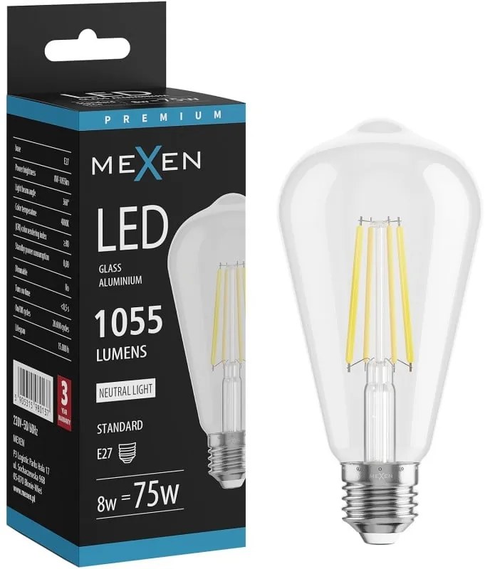 Mexen Vintis żarówka filament LED E27, ST64, 8W, Neutralna - 4000K, 1055 lm, clear - L152-E27-0840-00