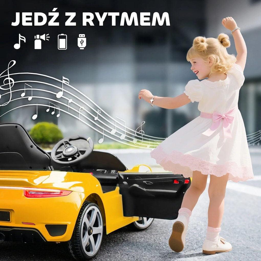AIYAPLAY Elektryczne auto na akumulator dla dzieci z pilotem, MP3/USB, klakson, pas bezpieczeństwa — 3–5 lat, żółte