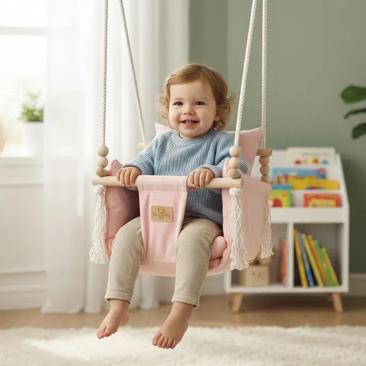 Różowa drewniana huśtawka dla niemowlaka F4-G55