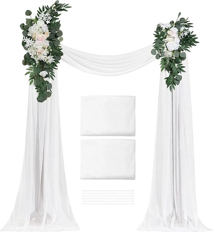 Łuk Ślubny SucceBuy Zestaw Sztucznych Kwiatów do Łuku Ślubnego - Biały, 2 Kwiaty i 2 Zasłony