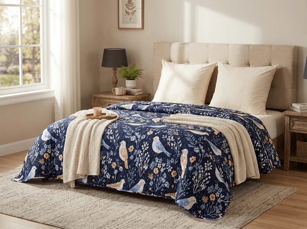 Narzuta na łóżko DENIM BIRDS, niebieska Rozmiar: 170 x 210 cm