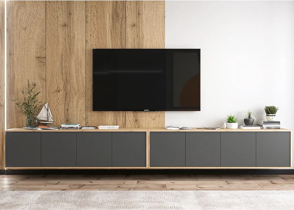 Szafka RTV z 8 drzwiami – korpus dąb wotan, fronty grafit mat – 300 cm