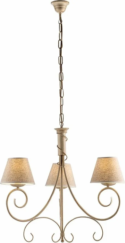 Żyrandol Wiedeń z lakierowanego żelaza w kolorze kości słoniowej, dekor stare złoto, klosze PVC z efektem juty Ø13 cm, 3 światła, Ø52 cm