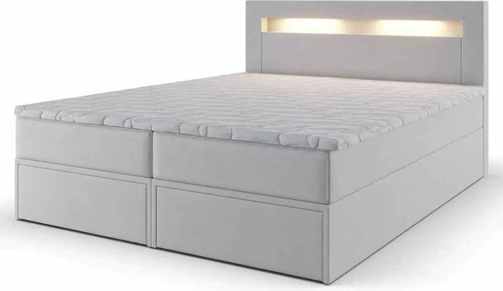 Masseno Łóżko kontynentalne LAND z podświetleniem LED i pojemnikiem na pościel - Biały - MADRYT 920 / 140x200 cm / Biały (Ciepły)