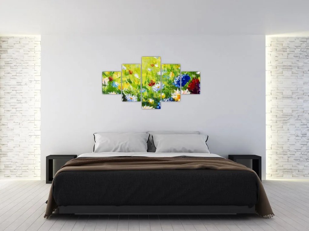 Obraz kwitnącej łąki, obraz olejny (125x70 cm)