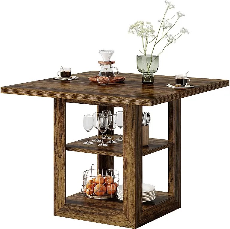 Kwadratowy stół jadalny dla 4 osób, 80 cm, stół do jadalni w stylu rustykalnym z półką do przechowywania w jadalni domowej