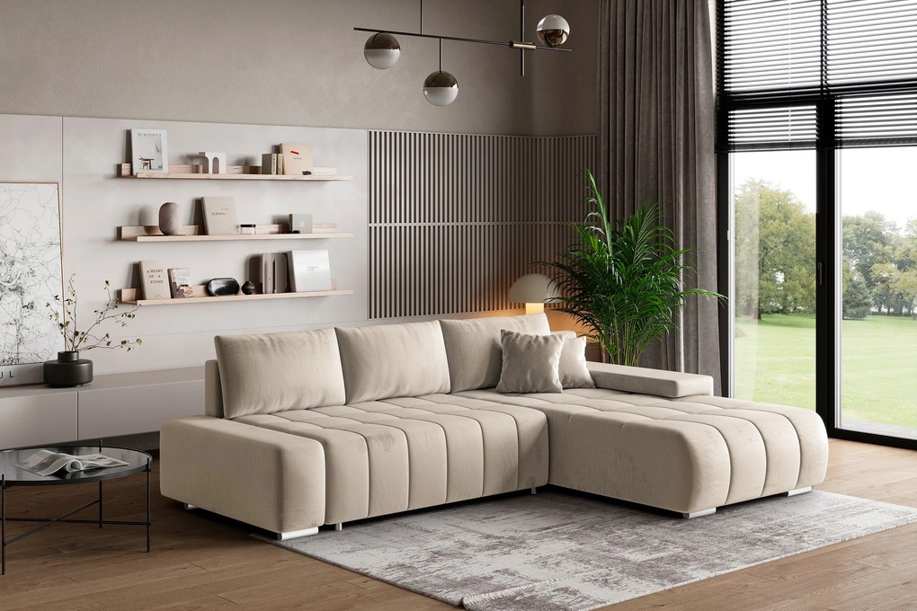 Masseno Narożnik ALESE z funkcją spania i pojemnikiem na pościel Narozniki L, Rozkładana sofa - Kremowy, MONOLITH 02