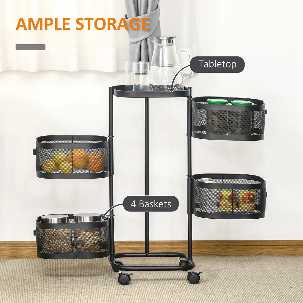 HOMCOM Wózek kuchenny z 4 poziomami, kosze z siatki, górna półka, obrotowe kółka, czarny | Aosom PL