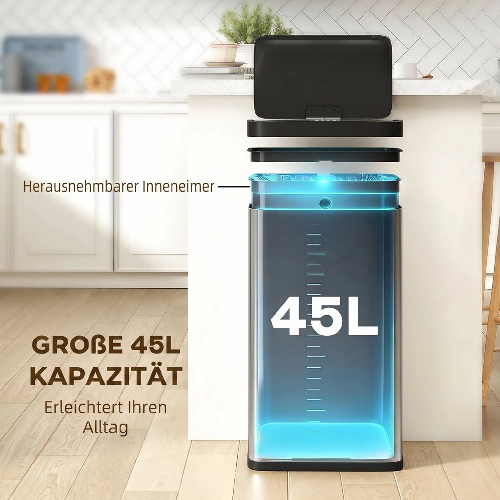 HOMCOM Kosz z czujnikiem, 45 l kosz kuchenny z pokrywą z cichym domykaniem, czujnik ruchu do kuchni, sypialni, biura, Srebrny | Aosom PL