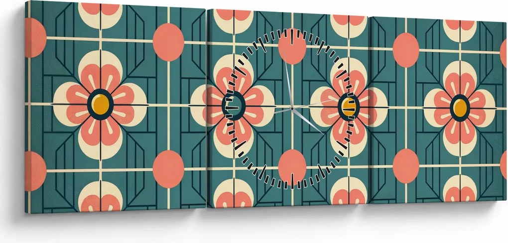 Obraz - Retro wzór z kwiatami (z zegarem) (90x30 cm)