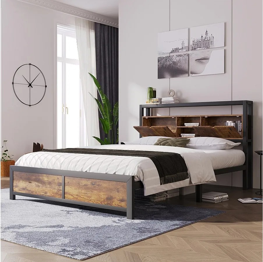 Łóżko metalowe 140 x 200 cm ze schowkiem na pościel w zagłówku - styl industrialny - czarne