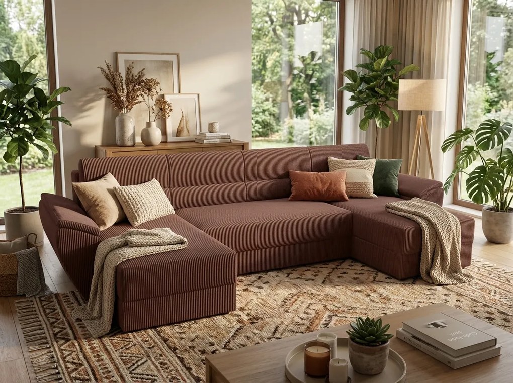 Rozkładana sofa narożna w kształcie U TAVERO 321x140 cm, ciemnoróżowa