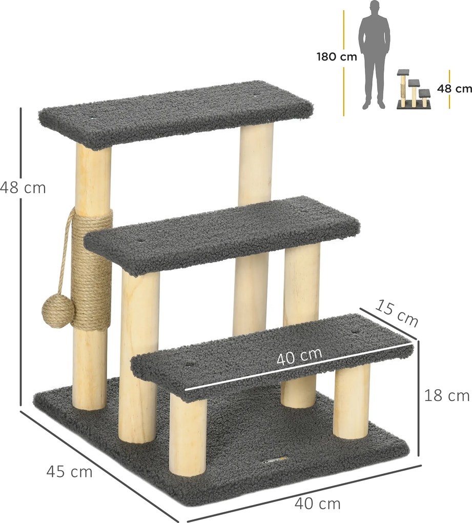 PawHut Drabinka dla kota z drapakiem Trzy stopnie Zabawka Szary Drewno 45x40x48cm | Aosom PL