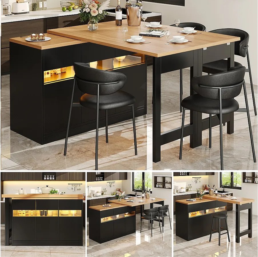 Rozkładany stół barowy - 120/180 x 75,8 cm - z diodami LED + 3 drzwi - obrotowy 360° - MDF - czarny