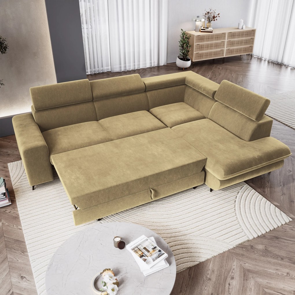 Masseno Narożnik VELISS z funkcją spania i pojemnikiem na pościel Narozniki L, Rozkładana sofa - Musztardowy, CASTEL 48
