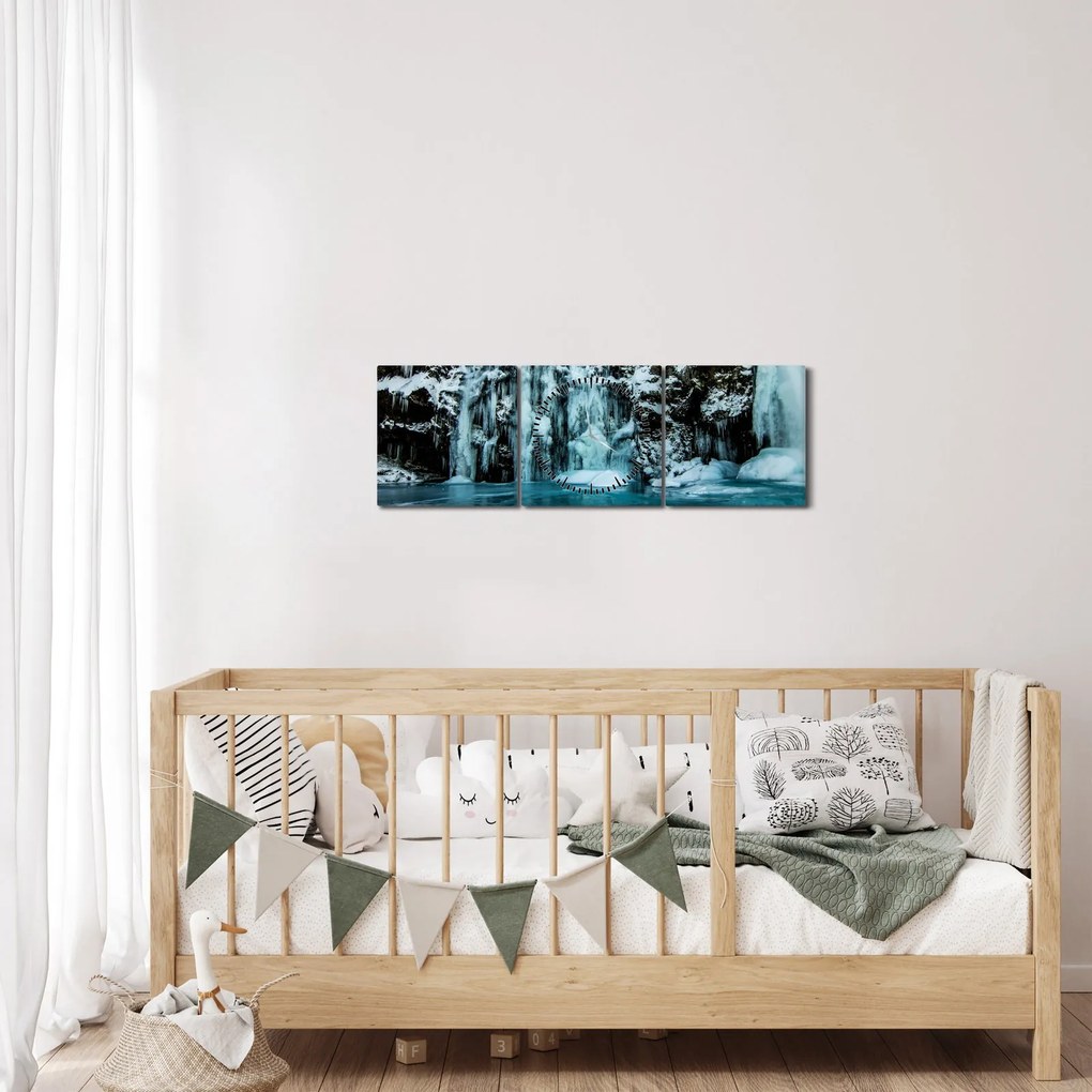 Obraz zamarzniętych wodospadów (z zegarem) (90x30 cm)