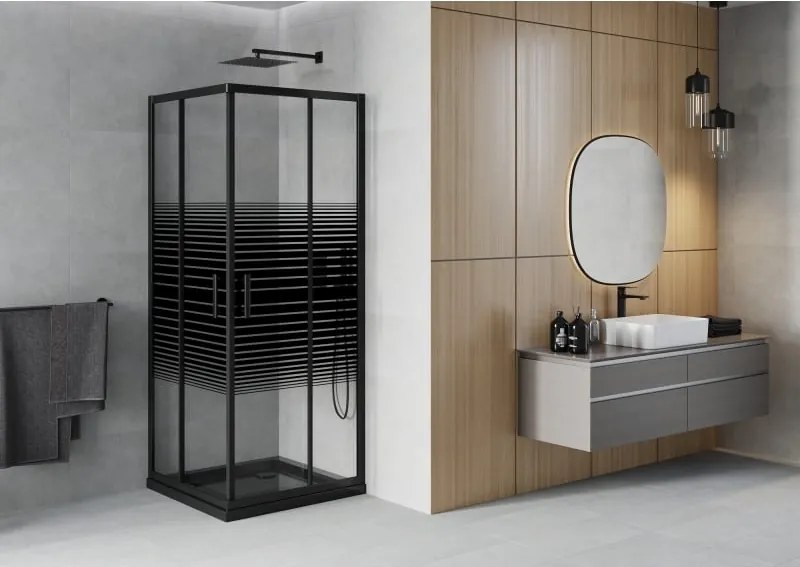 Mexen Rio kabina prysznicowa kwadratowa 80 x 80 cm, czarne pasy, czarna + brodzik Flat, czarny - 860-080-080-70-20-4070B