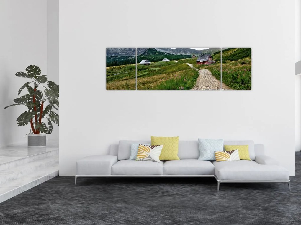 Obraz - Krajobraz górski z domami (170x50 cm)