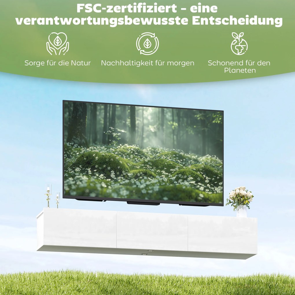 HOMCOM Wisząca szafka RTV, montaż ścienny, 3 klapy, dużo miejsca do przechowywania, 180 cm, płyta wiórowa, Biały