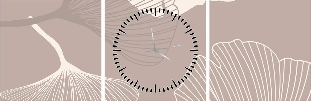 Obraz - Beżowe liście N⁰1 (z zegarem) (90x30 cm)