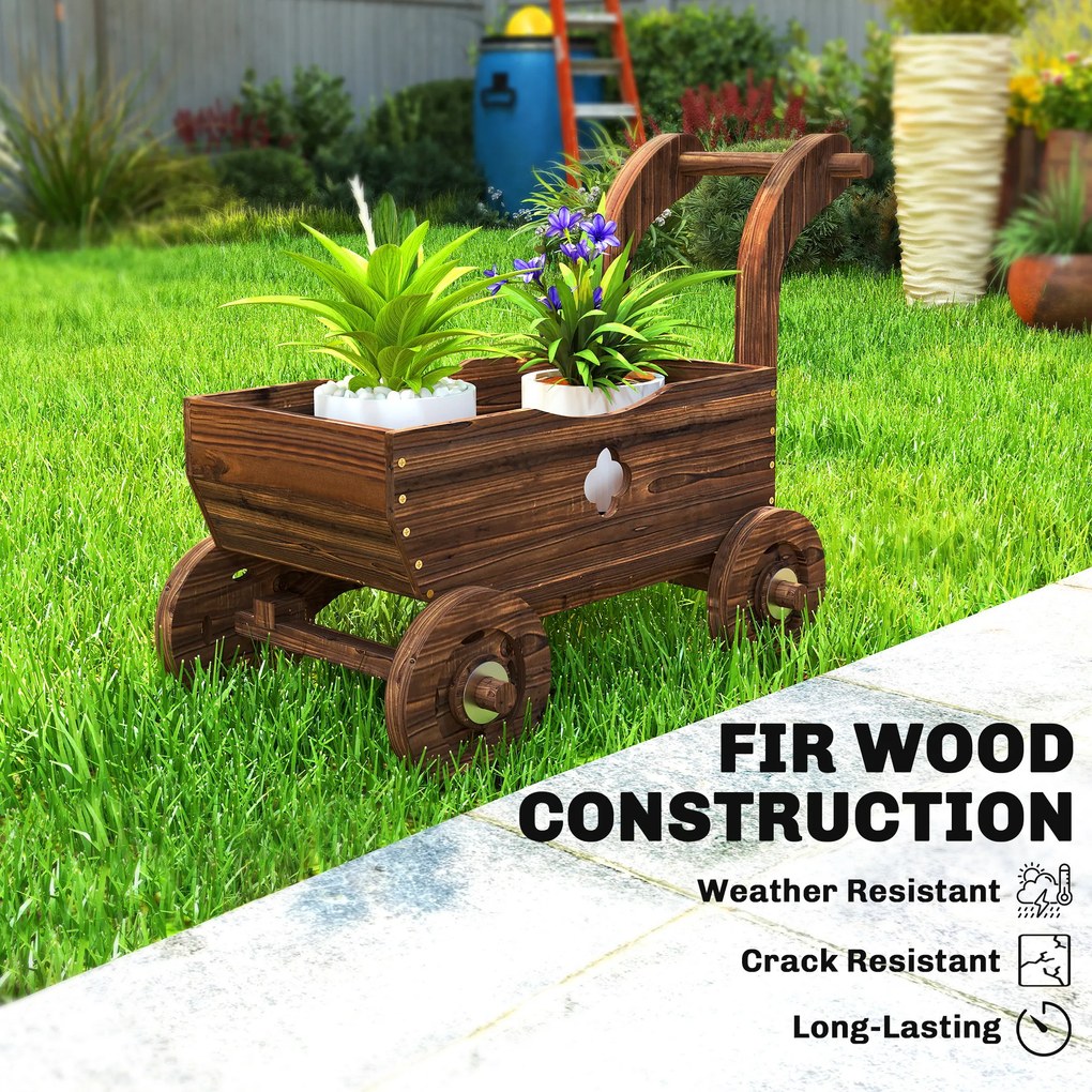 Outsunny Podwyższone łóżko drewniane, donica w formie wózka z 4 kołami i uchwytem, 68 x 38 x 52 cm | Aosom PL
