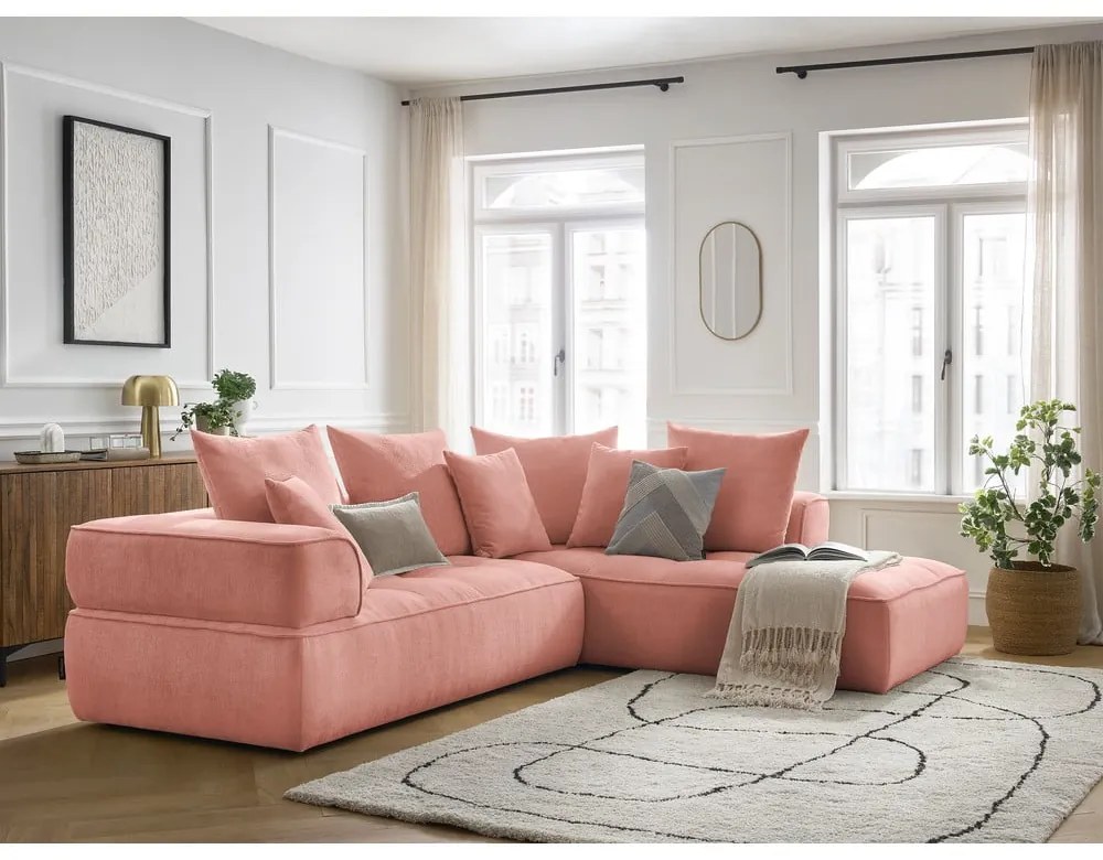 Różowy narożnik z tkaniny szenilowej (prawostronny/w kształcie litery L) Whesley – Bobochic Paris