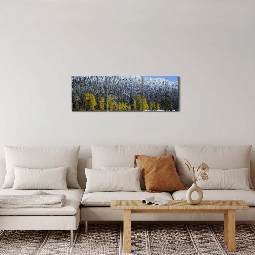 Obraz - ośnieżone góry zimą (z zegarem) (90x30 cm)