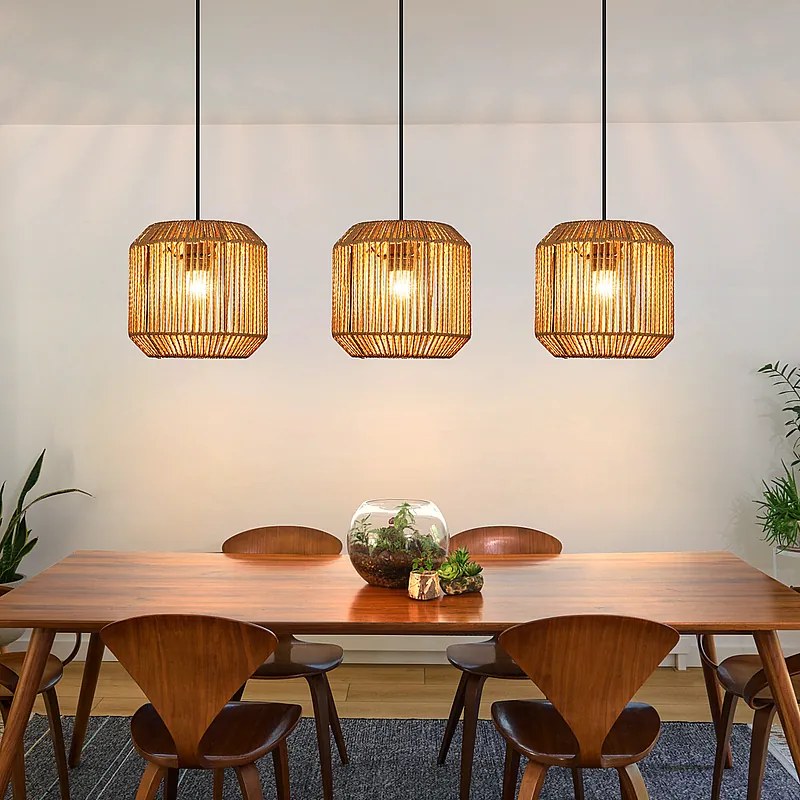 Lampa wisząca Nettlife Boho Rattan na stół jadalny – 3 żarówki E27, regulowana wysokość, styl retro, do salonu/sypialni (żarówki nie są dołączone)