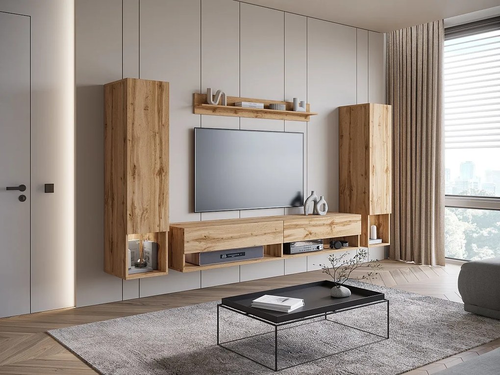 Nowoczesna meblościanka – zestaw wiszący do salonu 2 słupki + szafka RTV 180 cm + półka, dąb wotan mat