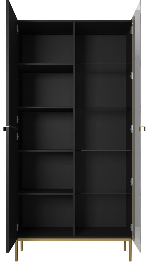 Witryna Nicole 100 cm z ryflowanym frontem - czarny mat / złote nóżki