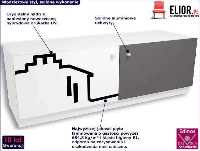 Biało-grafitowa komoda młodzieżowa z nadrukiem Erwa 7X - 5 kolorów