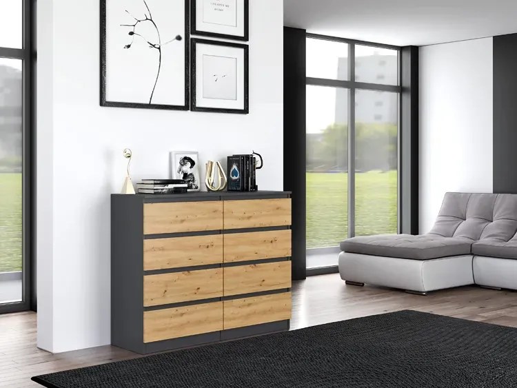 Wysoka komoda z szufladami antracyt  + dąb artisan - Lonix 2X 140 cm