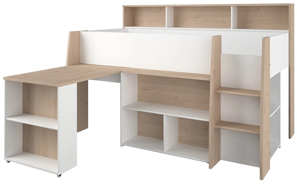 Łóżko piętrowe 90 x 200 cm z biurkiem i schowkami - Biały i naturalny - APOLINO