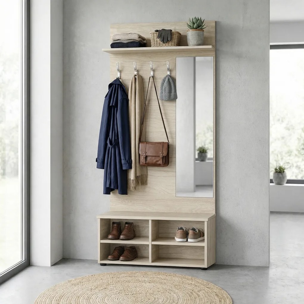 Garderoba z szafką na buty i lustrem HORIZONT, 4 haczyki, półka, tekstura drewna poziomo, orzech