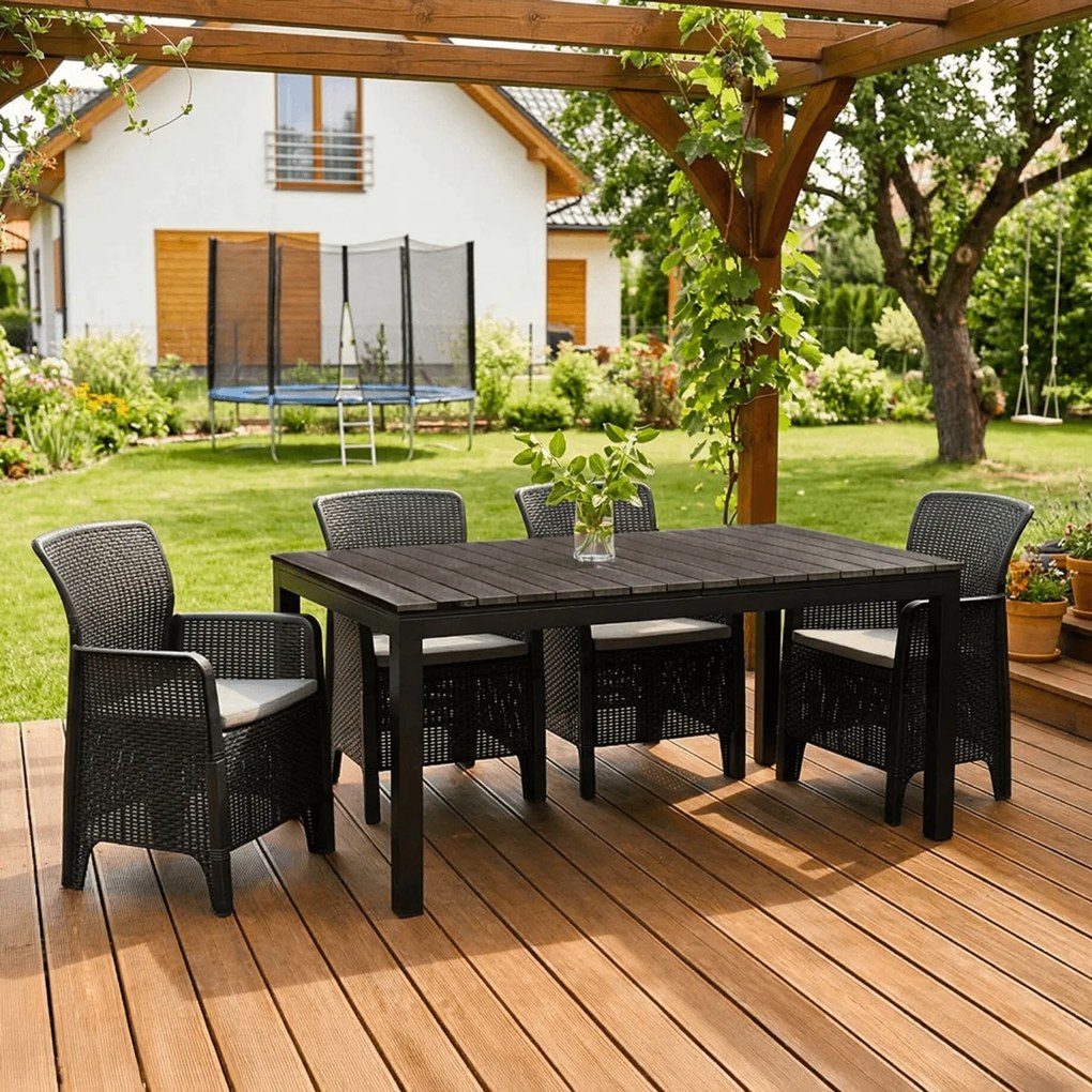Zestaw Mebli Ogrodowych Stół ARGOS 160-210 cm Ciemnoszary Dąb/Czarny i 4x Fotel FRESNO Czarny Technorattan Nowoczesny