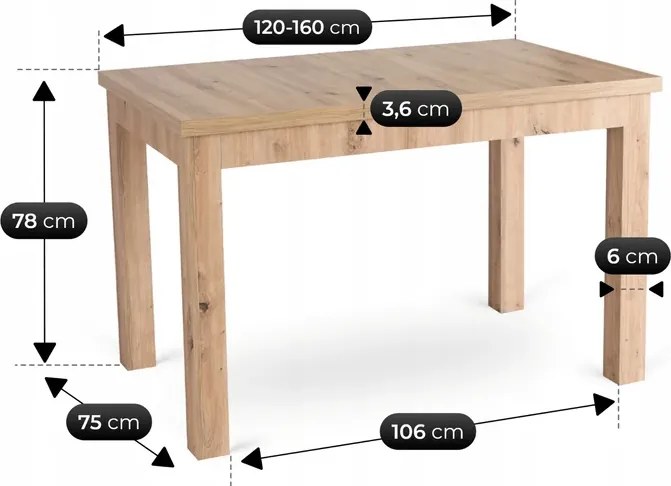 Stół Prostokątny Rozkładany SKUBI 120-160 cm Dąb Artisan Skandynawski