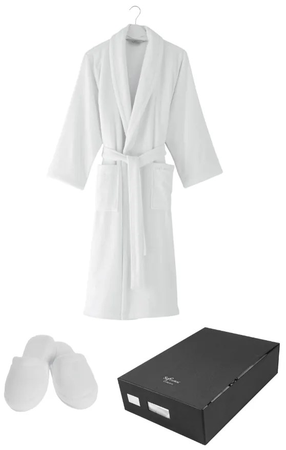 Unisex szlafrok MICRO COTTON w ozdobnym opakowaniu + kapcie Biały L + kapcie (42/44) + w pudełku