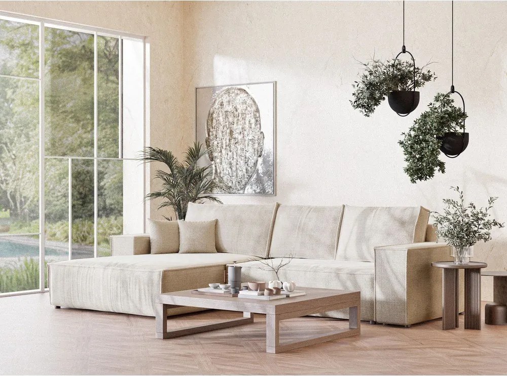 Kremowy rozkładany narożnik ze schowkiem z tkaniny szenilowej (lewostronny/z szezlongiem) Maze – Maison de Rêve