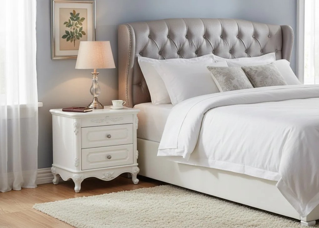 Stylowa szafka nocna Amenite, o wymiarach 60x55 cm, w kolorze ecru. 2 szufladki, ozdobne fronty, cokół, gałki. Styl francuski, kolekcja La Perle.