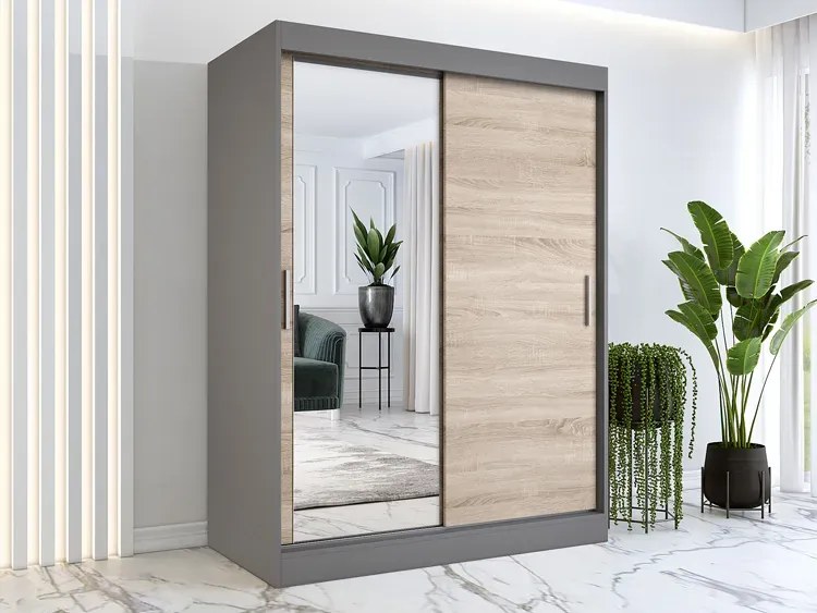 Szafa przesuwna z lustrem 150 cm antracyt + dąb sonoma - Seko 4X