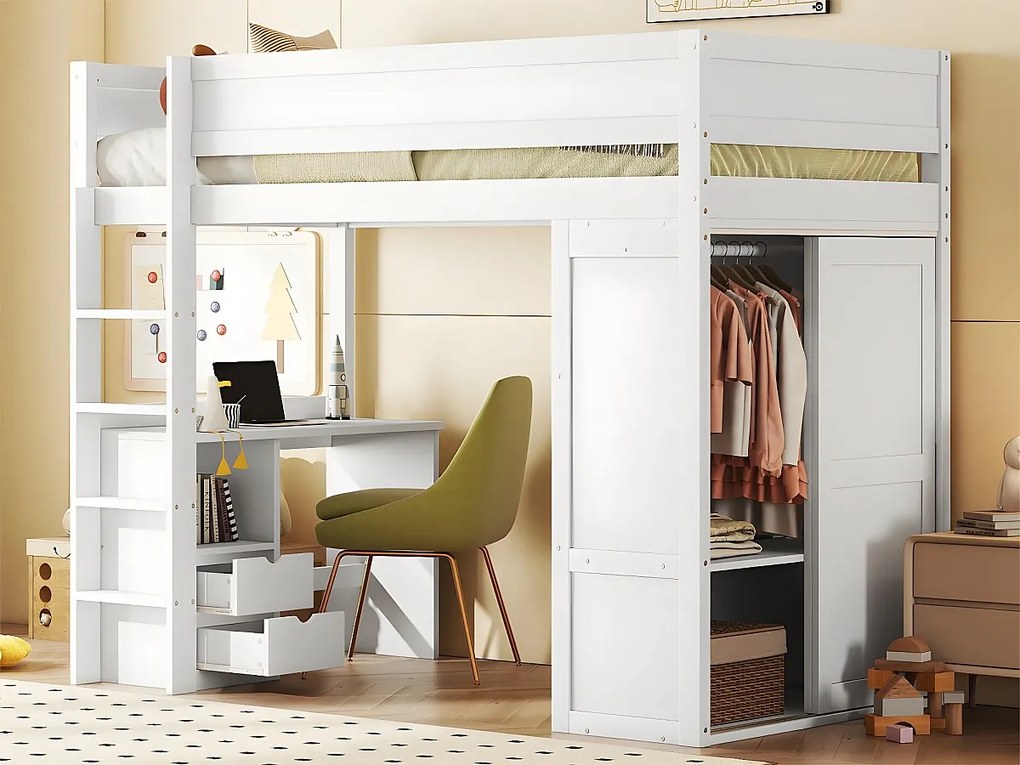 Łóżko mezzanine 90x200cm - wielofunkcyjne łóżko dziecięce - wyposażone w szafę i biurko - z litego drewna sosnowego - Białe